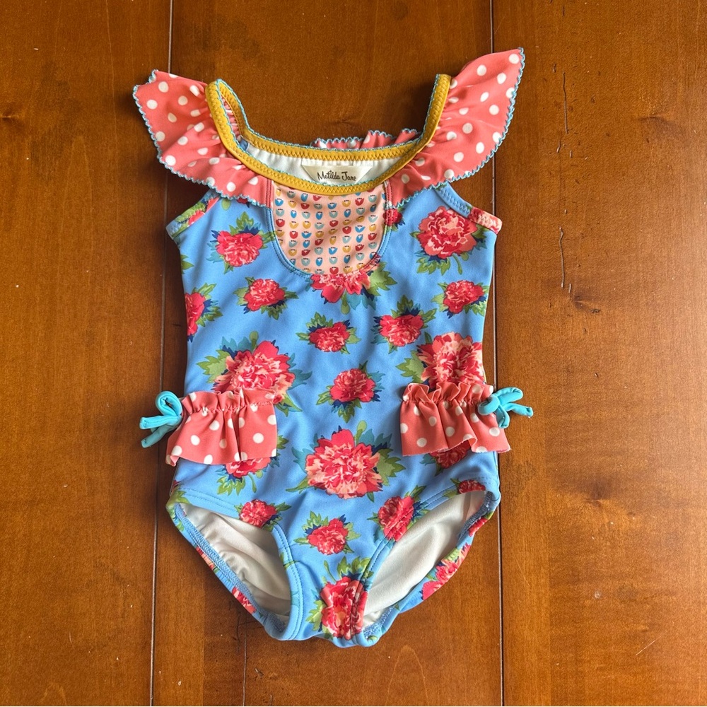 Matilda Jane Floral Blue and Pink Ruffle Swimsuit - 12-18M